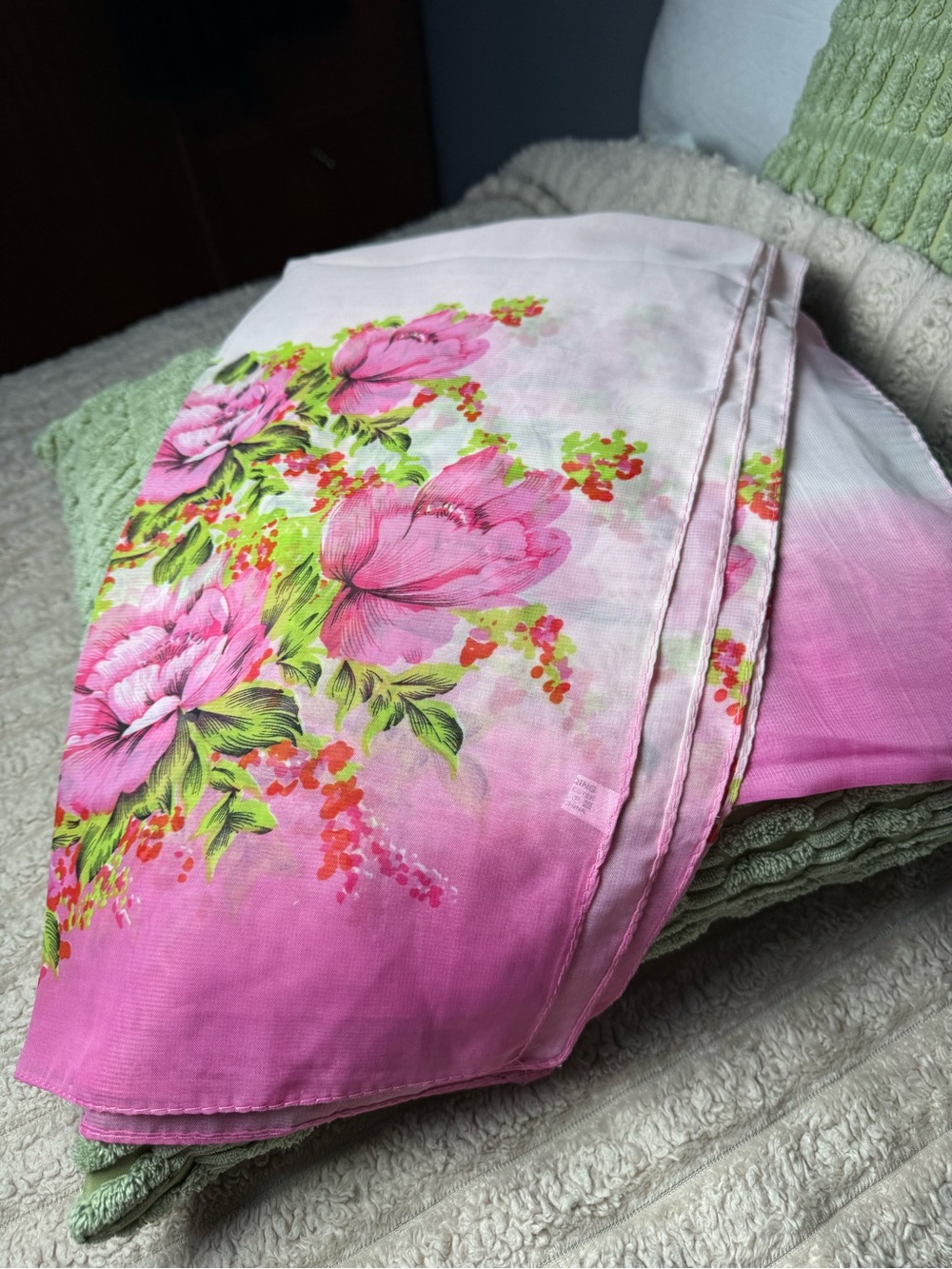 Pink Floral Ombre Scarf Wrap with Green Accents